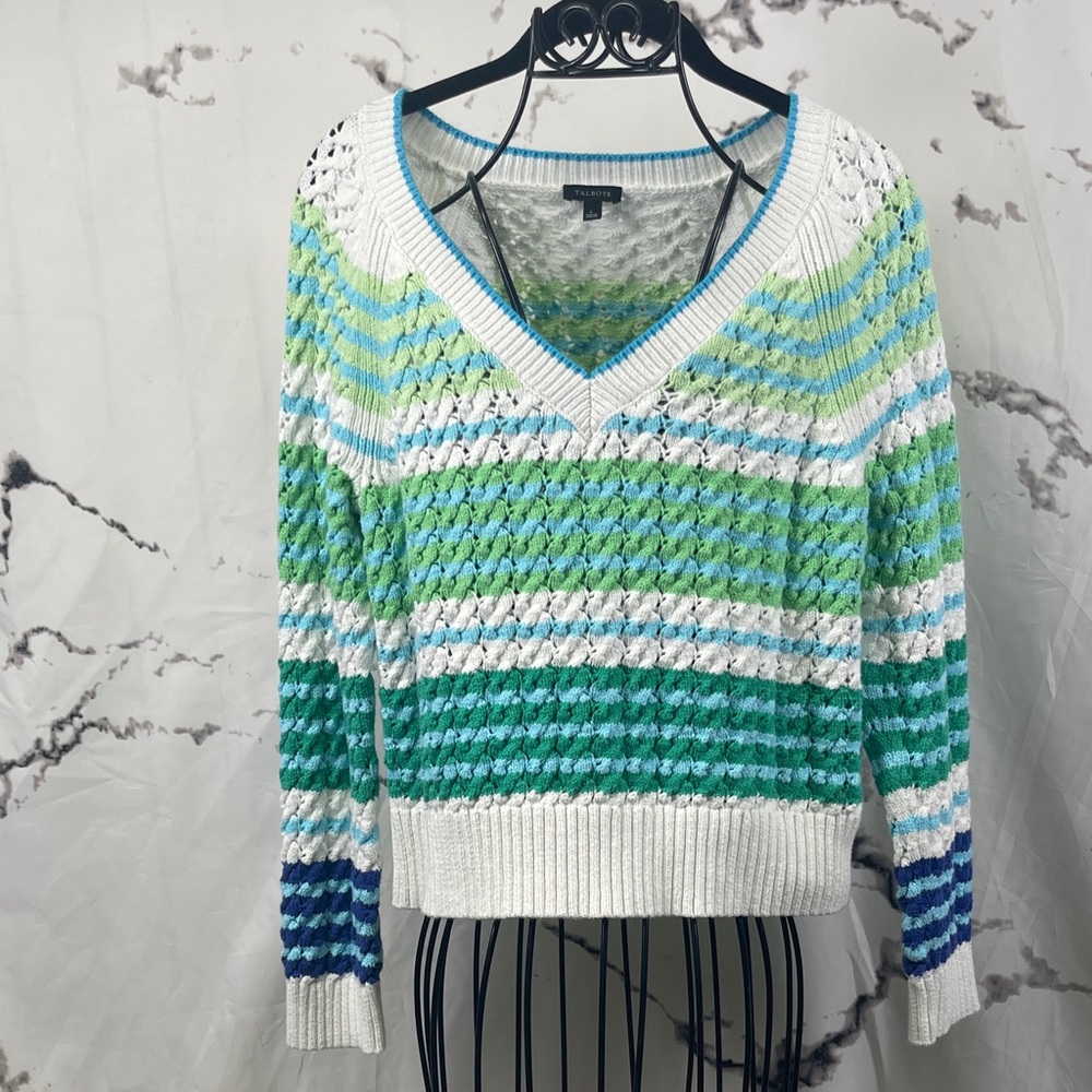 Talbots  Striped Cropped Knit Sweater Loose Weave Blue & Green V-Neck Preppy